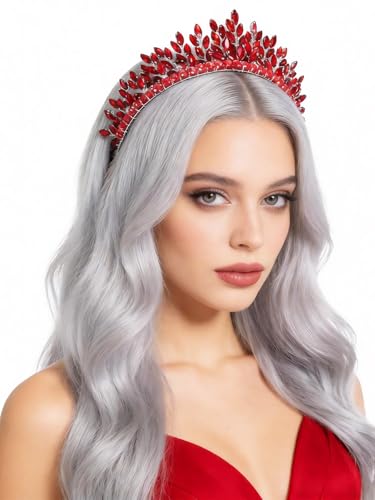 Bridal Rhinestone Headband Wedding Hair Accessories for Women, Pearl Crystal Headband Wedding Costume Headpieces for Brides Princess Quinceanera Christmas Party Prom Birthday(Red) - color: Red