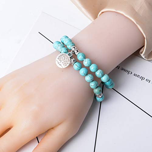 YGLINE Tree of Life Yoga Healing Stone Bracelets,Multilayer Lotus Chakra Stone Reiki Bracelet Sets,Anxiety Crystal Natural Stone,for Women Stress Relief - color: Turquoise-2w