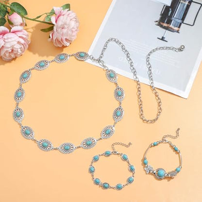 NEWITIN 20 Pieces Silver Bohemian Jewelry Set for Women Fashion Costume Jewels Turquoise Necklace Bracelet Ring Earrings Western Turquoise Jewelry Set for Women - color: Bohemian Jewelry Set