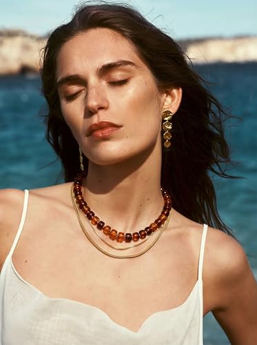 Chunky Beaded Necklace for Women, Colorful Boho Statement Necklace, Gold Chunky Resin Large Bead Necklace, Waterproof Summer Beach Jewelry Gifts for Women - color: Amber