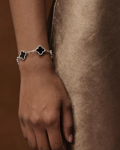 Four Leaf Clover Bracelet 18K Gold Plated Bracelets for Women Lucky Flower Design Stainless Steel Hypoallergenic Link Chain Adjustable Dainty Trendy Jewelry Gifts for Women - color: Silver Black