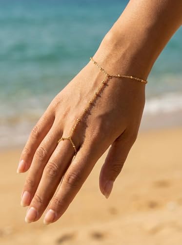 Hand Chain Bracelet Ring Set,4PCS 18K Gold Plated Stack Bracelets, Adjustable Trendy Dainty Ring Bracelet, Beach Theme, Women