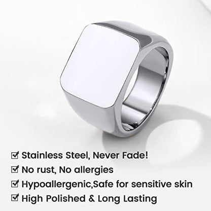 GoldChic Jewelry Personalized Signet Rings Men Women, Stainless Steel Custom Photo Bold Square/Oval Monogram/Old English Initial Pinky Stacking Statement Ring in Black/Silver/Gold (Size 7-14) - color: Steel-Blank - Square