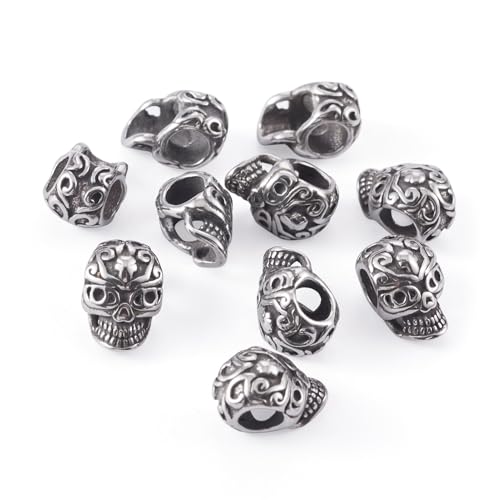 Elecrelive 10Pcs Halloween Skull Beads Skeleton Skull Head Stainless Steel Beads Large Hole Bracelet Charms for Gothic Necklace Bracelets Earrings Jewelry Making - color: Steel Color-10pcs