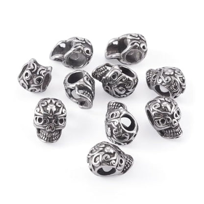 Elecrelive 10Pcs Halloween Skull Beads Skeleton Skull Head Stainless Steel Beads Large Hole Bracelet Charms for Gothic Necklace Bracelets Earrings Jewelry Making - color: Steel Color-10pcs