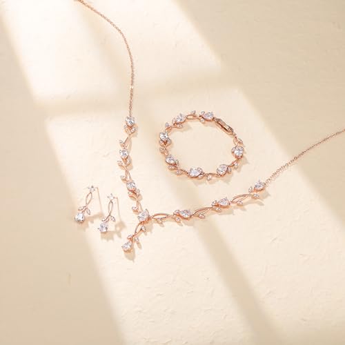 Crysdue Wedding Jewelry Set for Brides Bridesmaid, Cubic Zirconia Teardrop Marquise Leaf Cluster Pendant Necklace Bridal Tennis Bracelet Drop Earrings for Women Party Prom - style: A- CZ set- rose gold