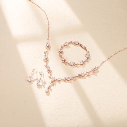 Crysdue Wedding Jewelry Set for Brides Bridesmaid, Cubic Zirconia Teardrop Marquise Leaf Cluster Pendant Necklace Bridal Tennis Bracelet Drop Earrings for Women Party Prom - style: A- CZ set- rose gold