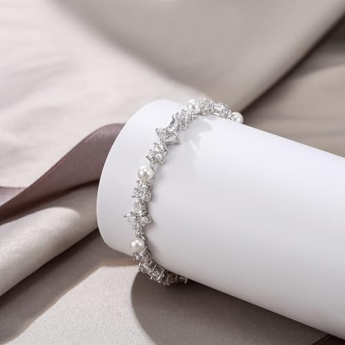 EVER FAITH Cubic Zirconia Pearl Bridal Prom Tennis Bracelet for Women | Elegant Pear CZ Wedding Jewelry Gift, for Bride Bridesmaid - style: Floral_Silver-Plated-Brass