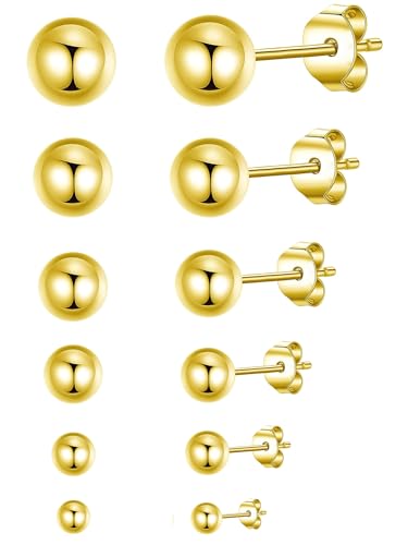 14K Gold Filled Polished Small CZ Pearl Ball Stud Earrings Set for Women Men 20G Surgical Steel Hypoallergenic Piercing Studs for Sensitive Ear, Pack of 6 Pairs - style: I : 2MM-7MM Gold Ball Set