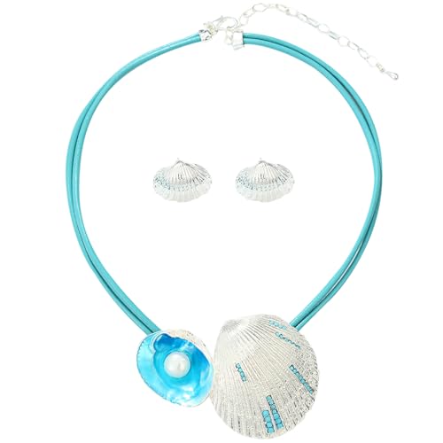 Chunky Statement Jewelry Set Blue Ocean Seashell Choker Necklaces Earrings Set for Women Pearl Bib Collar Necklaces for Party Prom Pageant Summer Fashion Jewelry Unique Birthday Gift - style: shell pearl JS silver blue