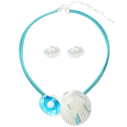 Chunky Statement Jewelry Set Blue Ocean Seashell Choker Necklaces Earrings Set for Women Pearl Bib Collar Necklaces for Party Prom Pageant Summer Fashion Jewelry Unique Birthday Gift - style: shell pearl JS silver blue