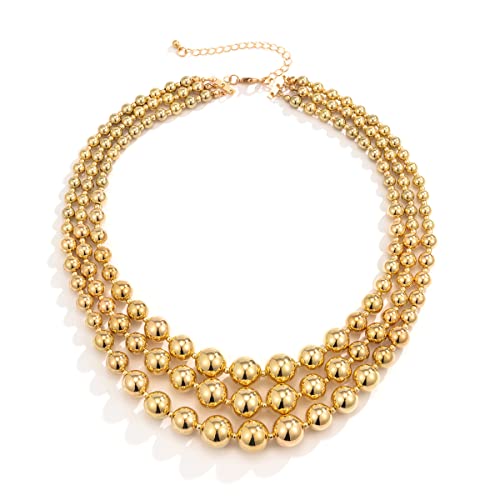 COLORFUL BLING Exaggerated Layered Beads Pendant Chunky Gold Chain Chunky Bib Statement Choker Stackable Strand Necklace for Women Hip Hop Jewelry - color: gold three layer