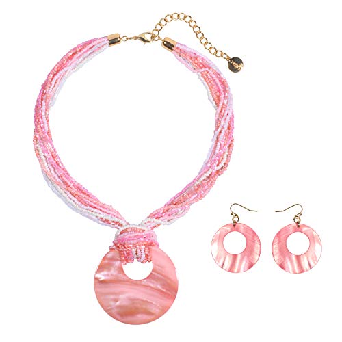 Coiris Multi Strand Statement Colorful Beaded Necklace with Big Circle Shell Pendant for Women - color: Pink