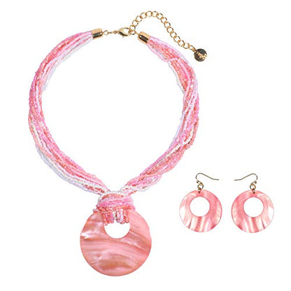 Coiris Multi Strand Statement Colorful Beaded Necklace with Big Circle Shell Pendant for Women - color: Pink