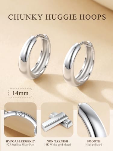Bestyle Gold Huggies Earrings for Women Hypoallergenic 925 Sterling Silver Post Huggie Hoop Earrings Thick Lightweight Small Hoop Earrings 8/10/12/14mm - color: Silver, size: 14mm