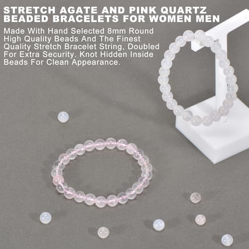 2PCS Agate Bracelet for Women Men Natural Round Beaded Agates Stone Healing Stretch Bracelets Elastic Handmade Polished Gemstone Beads Bracelet - color: White+Pink Quartz, size: 8mm Beads