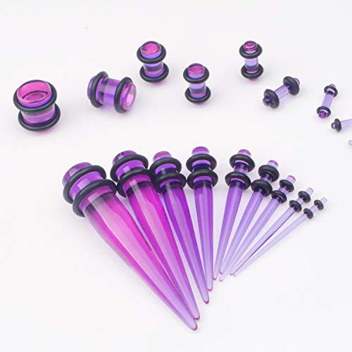 50-Piece Ear Gauges Stretching Kit, 14G-00G | Acrylic tapers and plugs with soft silicone tunnels, body piercing jewelry for women and men - color: Purple