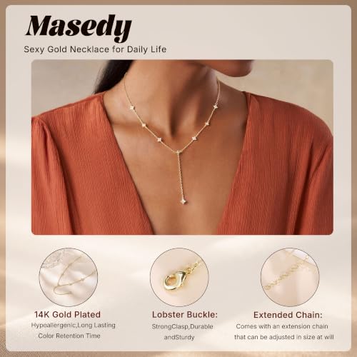Long Gold Necklace for Women Dainty Layered Lariat Necklace | 14k Gold Plated Clover Teardrop CZ Y Shaped Drop Necklaces Cute Long Necklace for Women Trendy Prom Formal Womens Jewelry - color: Clover CZ y necklace
