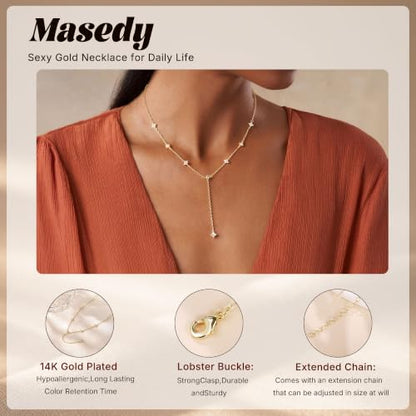 Long Gold Necklace for Women Dainty Layered Lariat Necklace | 14k Gold Plated Clover Teardrop CZ Y Shaped Drop Necklaces Cute Long Necklace for Women Trendy Prom Formal Womens Jewelry - color: Clover CZ y necklace