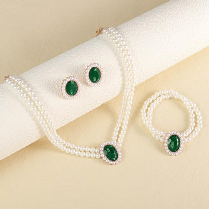 Brishow Pearl Necklace Jewelry Set Wedding Pearls Earrings Necklaces Set Bridal Crystal Bracelet Jewelry for Women (Pack of 3) - color: Green, size: 2 Layered
