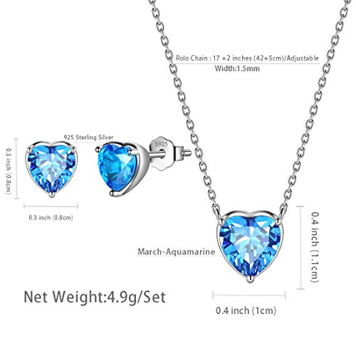 Aurora Tears Hearts Necklace Earrings Jewelry Sets - Women 925 Sterling Silver Birthstone Pendants Earrings Set Crystal Wedding Birthday Jewelry - color: C.March-set