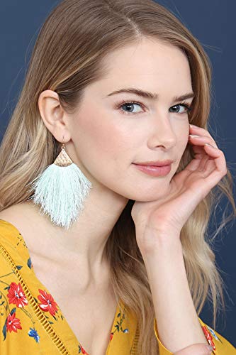 Bohemian Silky Thread Fan Fringe Tassel Statement Earrings - Lightweight Strand Feather Shape Dangles - color: Feather Fringe - Mint