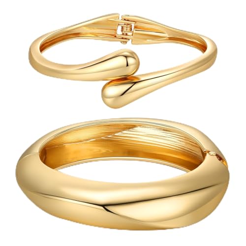 Chunky Gold Bangle Bracelets for Women Trendy 14K Gold Plated Cuff Bracelets Stack, Dainty Gold Bracelet Sets Non Tarnish Fashion Jewelry Gift - style: 2pcs-Gold-BoldTwinDrop