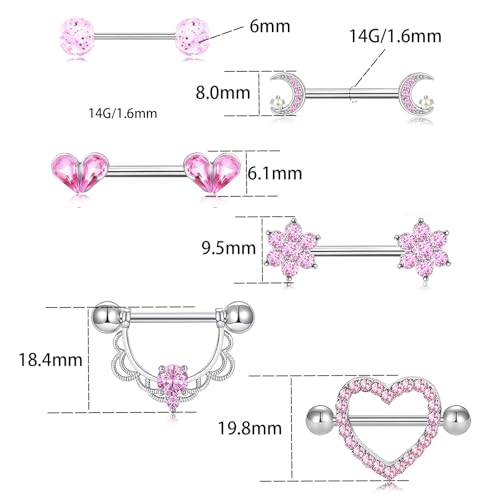 14G Nipple Rings for Women 316L Stainless Steel Heart,Butterfly,Moon,Devil,Flower Nipple Barbell CZ Nipple Rings Set Nipplerings Piercing Jewelry - color: PINK 1