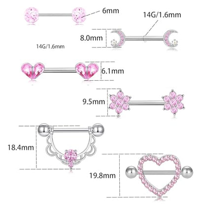 14G Nipple Rings for Women 316L Stainless Steel Heart,Butterfly,Moon,Devil,Flower Nipple Barbell CZ Nipple Rings Set Nipplerings Piercing Jewelry - color: PINK 1