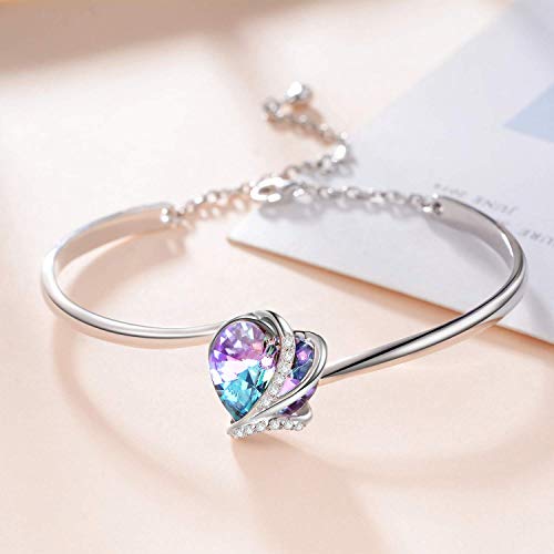 AOBOCO I Love You Jewelry - Sterling Silver Blue Purple Love Heart Bangle Bracelet Embellished with Crystals from Austria, Fine Anniversary Birthday Jewelry Gifts for Women - style: 01 Blue Purple Bracelet