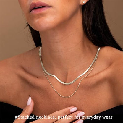 3PCS Gold Necklaces for Women,Chunky Statement Gold Plated Necklace Stack Layered Sterling Silver Herringbone Chains for Women Dainty Trendy Silver Chains Stacked Jewelry Gifts - color: silver-2pc Chain