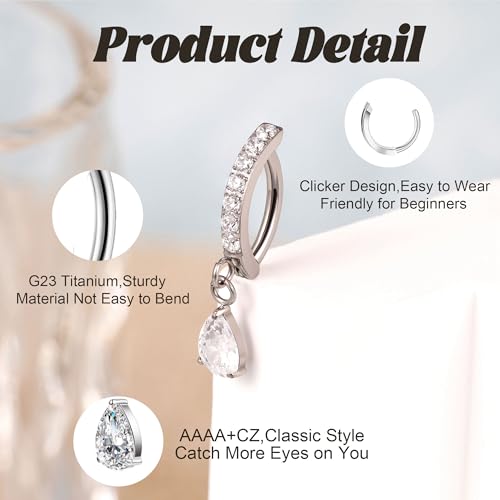 14G G23 Titanium Clicker Belly Button Ring for Women - Teardrop CZ Dangle Curved Reverse Barbell Navel Piercing - Hypoallergenic Jewelry - color: Silver