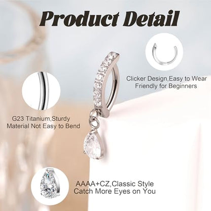14G G23 Titanium Clicker Belly Button Ring for Women - Teardrop CZ Dangle Curved Reverse Barbell Navel Piercing - Hypoallergenic Jewelry - color: Silver