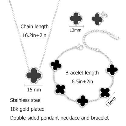 Clover Necklace Bracelet and Stud Earrings Jewelry Sets for Women | 18K Gold Plated Stainless Steel, Black/White Four Leaf Clover set,Christmas Birthday Lucky Gifts for Mom Wife Girlfriend - color: Silver Black 3PCS
