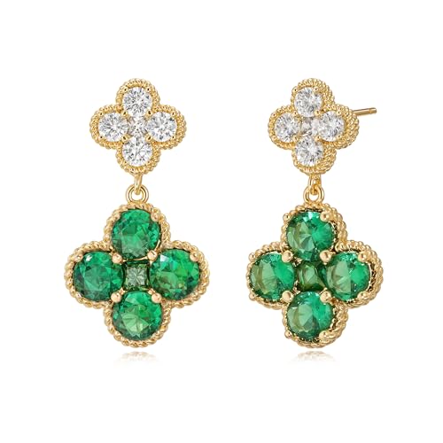 MTMY Dangle Earrings for Women 14K Gold Plated Four Leaf Clover Dangling Drop Birthstone Stud Earrings Trendy Flower Birthstone Jewelry Birthday Gifts - style: May- Emerald