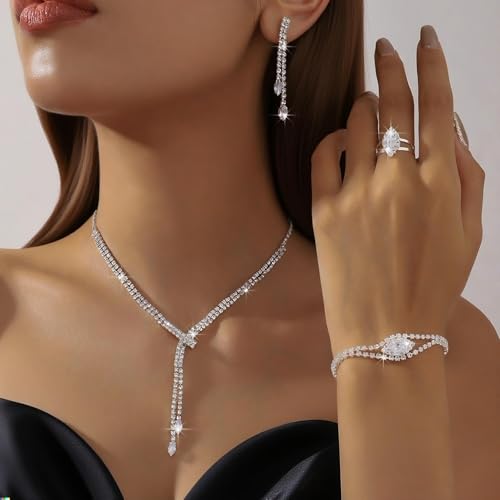 4 Pieces Cubic Zirconia Wedding Jewelry Sets for Bride Rhinestone Bridal Jewelry Set Necklace Bracelet Earring Ring for Brides Bridesmaid for Wedding Party - color: 4 PCS-Silver