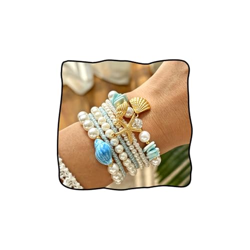 Shell Bracelets for Women Layered Seashell Starfish Bracelets Stackable Stretch Boho Beaded Bracelet Summer Beach Surfer Bracelet Seaside Beach Dress Outfits Accessories - color: B5:blue shell bracelets
