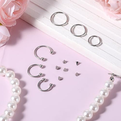 SynHHergyx 6 Pcs Nose Septum Rings 16G Horseshoe Lip Earring Ring Hoops Nose Piercing Jewelry 8mm 10mm 12mm Eyebrow Hoop Rings Piercing Jewelry - color: Silver