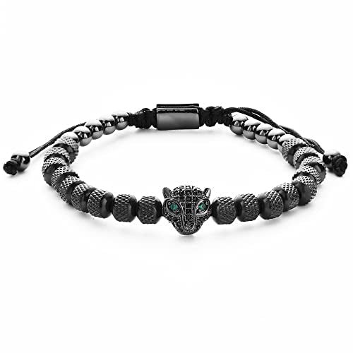 3pcs/set Classical Handmade Braiding Bracelet Hip Hop Men Pave CZ Leopard Head Roman Numeral Bracelet Stainless Steel Jewelry - color: 1pcs Black