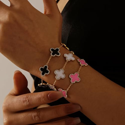Qitian Clover Bracelet for Women 18K Gold Four Leaf Pink Lucky Link Clover Bracelets, Trendy Bracelets Set Jewelry Gifts for Women - color: A-Pink