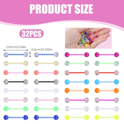 32 Pcs Glow in the Dark Acrylic Tongue Rings, 14G | Straight acrylic barbells, assorted luminous colors, lightweight body jewelry, daily and party styling