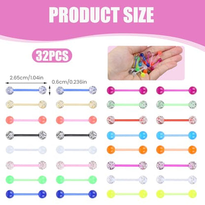 32 Pcs Glow in the Dark Acrylic Tongue Rings, 14G | Straight acrylic barbells, assorted luminous colors, lightweight body jewelry, daily and party styling