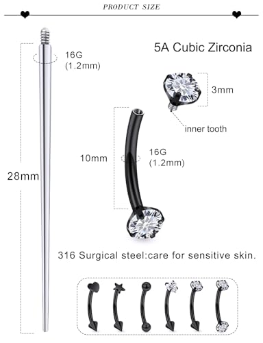 16G Eyebrow Ring Piercing Jewelry Surgical Steel Internal Thread CZ Heart Star Vertical Labret Lip Ring Rook Daith Earrings Belly Button Ring Piercing Jewelry for Women Silver Black Gold - color: Black, size: 16G, 10mm Length, 3mm CZ