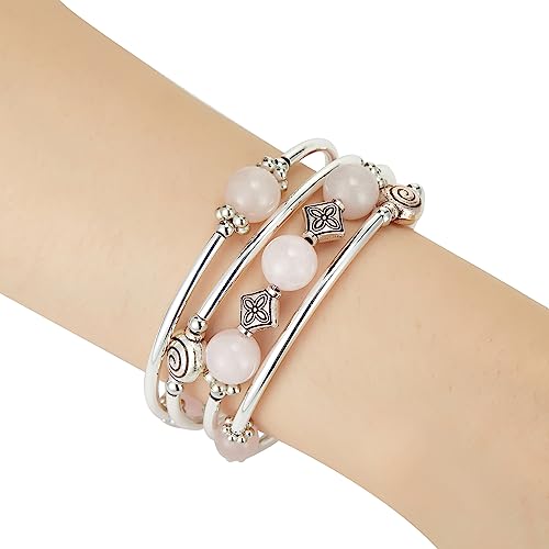 Beaded Pearl Bangle Wrap Bracelet - Fashion Bohemian Jewelry Multilayer Charm Bracelet with Thick Silver Metal Beads, Gift For Women - color: Pink crystal