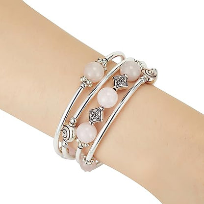 Beaded Pearl Bangle Wrap Bracelet - Fashion Bohemian Jewelry Multilayer Charm Bracelet with Thick Silver Metal Beads, Gift For Women - color: Pink crystal