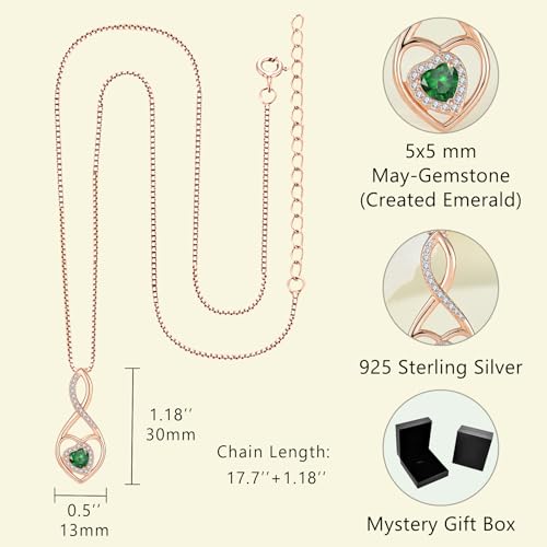 Infinity Heart Rose Gold Jewelry Set for Women 925 Sterling Silver Emerald Necklace and Earrings Set May Birthstone Jewelry Gifts