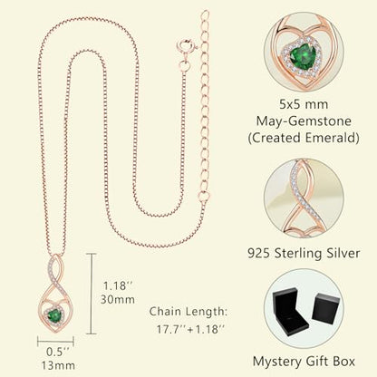 Infinity Heart Rose Gold Jewelry Set for Women 925 Sterling Silver Emerald Necklace and Earrings Set May Birthstone Jewelry Gifts