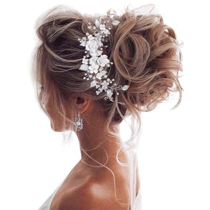 Flower Bride Wedding Hair Vine Pearl Bridal Hair Piece Leaf Hair Accessories Rhinestone Headband for Women (9inches) (Silver) - color: Silver