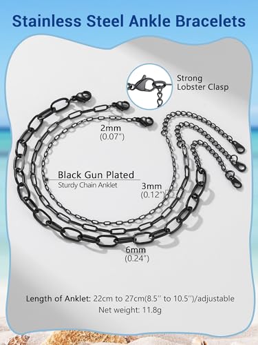 PROSTEEL Ankle Bracelets for Women, Silver/Gold/Black, Waterproof Anklets | Waterproof, Stainless Steel, Summer Beach Jewelry, Durable & No Tarnish, Come with Gift Box, 8-10.5" Adjustable, Plus Size - color: L: black-paperclip chain(3pcs)
