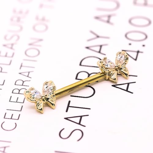 VERAMI 14G Stainless Steel Heart Nipple Rings and Barbell - Butterfly, Starlight Acrylic Ball, Tongue Rings for Women and Men - color: Gold butterfly